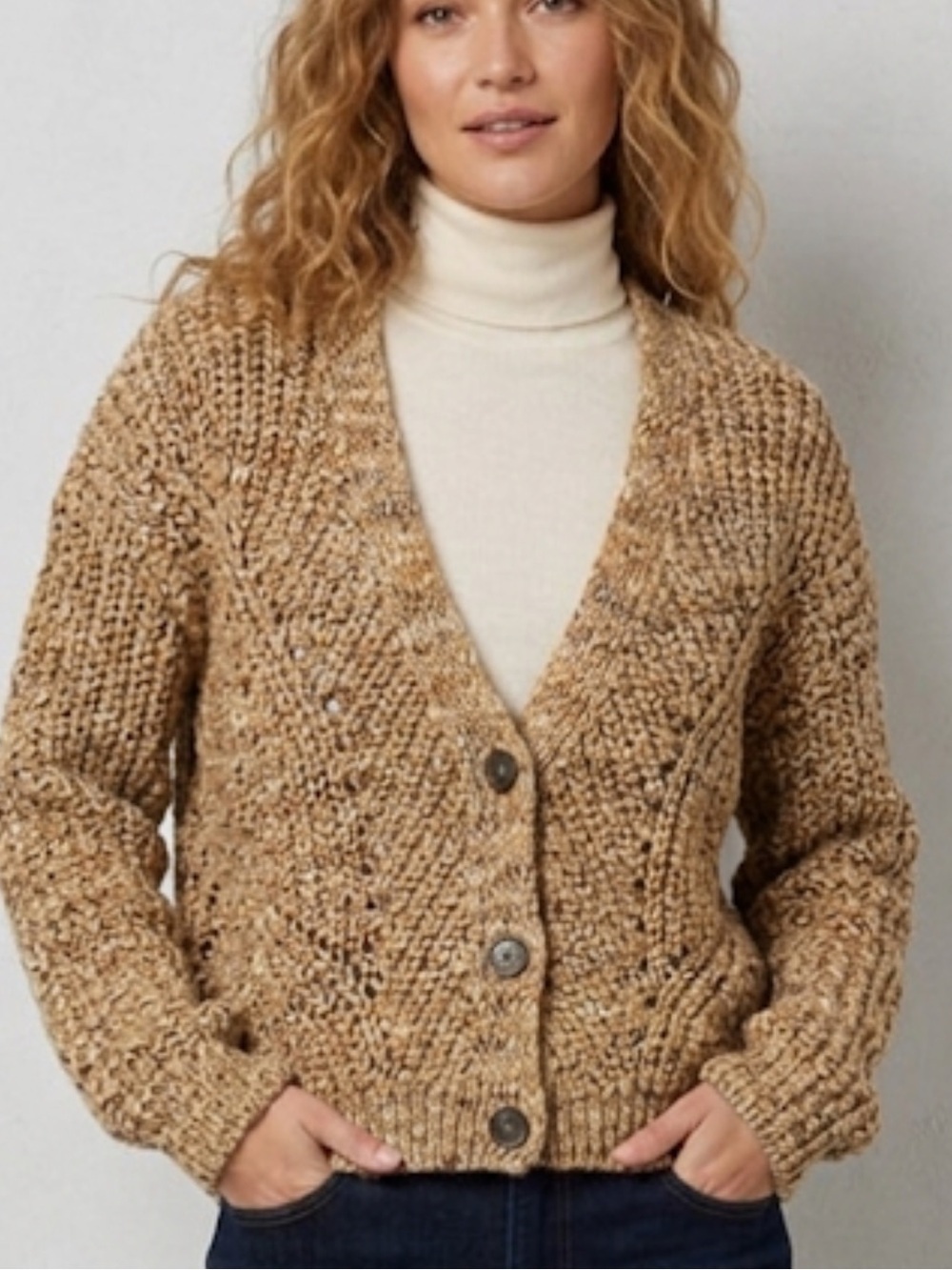 Elsamanda Italian Wool Brown Metallic Open Knit Cardigan 3 Button